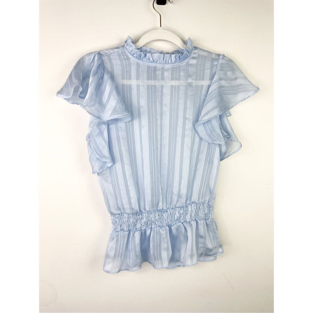 IRIS Feminine Baby Blue short sleeve ruffle elastic waistband‎ Blouse Size S